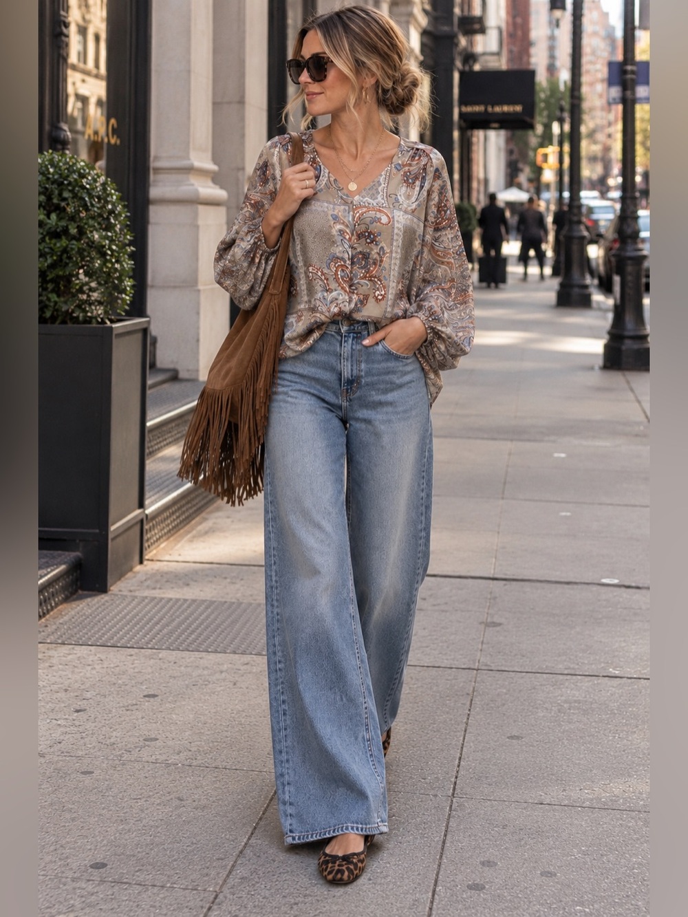 entro Neutral Multi Paisley V-Neck Long Sleeve Blouse